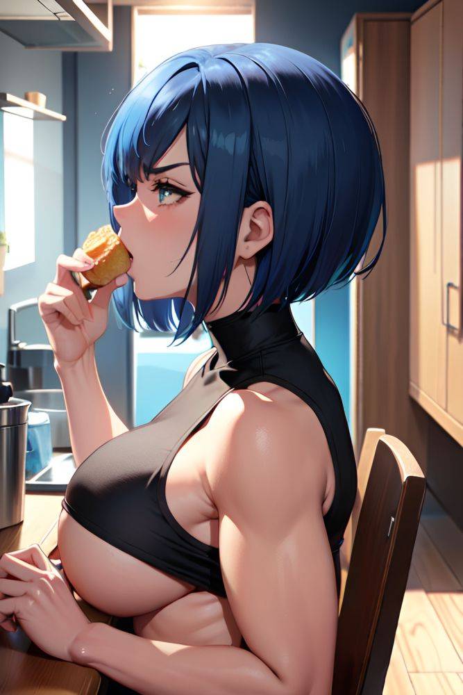 Anime Muscular Huge Boobs 20s Age Angry Face Blue Hair Bobcut Hair Style Light Skin Soft Anime Kitchen Side View Eating Goth 3684891245634839801 - AI Hentai - #main