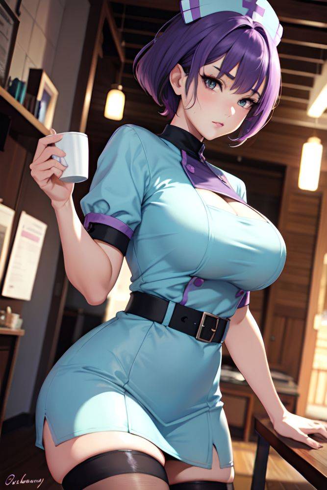 Anime Busty Huge Boobs 60s Age Serious Face Purple Hair Pixie Hair Style Light Skin Charcoal Cafe Front View Jumping Nurse 3684956958635102859 - AI Hentai - #main