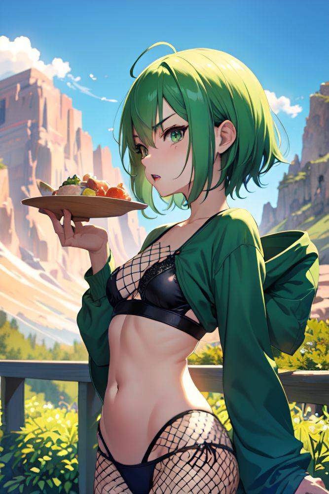 Anime Skinny Small Tits 40s Age Angry Face Green Hair Pixie Hair Style Light Skin Watercolor Mountains Front View Eating Fishnet 3685204349968777158 - AI Hentai - #main
