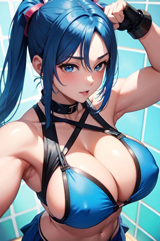 Anime Muscular Huge Boobs 20s Age Happy Face Blue Hair Pigtails Hair Style Light Skin Skin Detail (beta) Shower Close Up View On Back Mini Skirt 3685335774754820538 - AI Hentai - #main