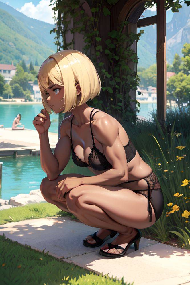 Anime Muscular Small Tits 20s Age Angry Face Blonde Bobcut Hair Style Dark Skin Painting Lake Side View Squatting Lingerie 3685455605558402322 - AI Hentai - #main