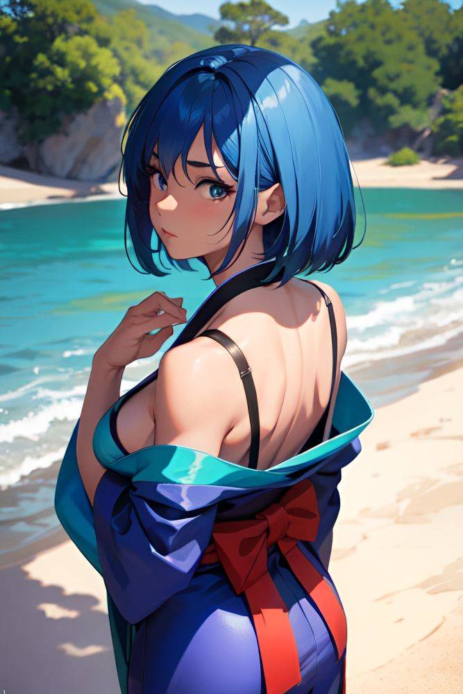 Anime Muscular Small Tits 60s Age Seductive Face Blue Hair Bobcut Hair Style Dark Skin Soft Anime Lake Back View On Back Kimono 3685459471029005534 - AI Hentai - #main