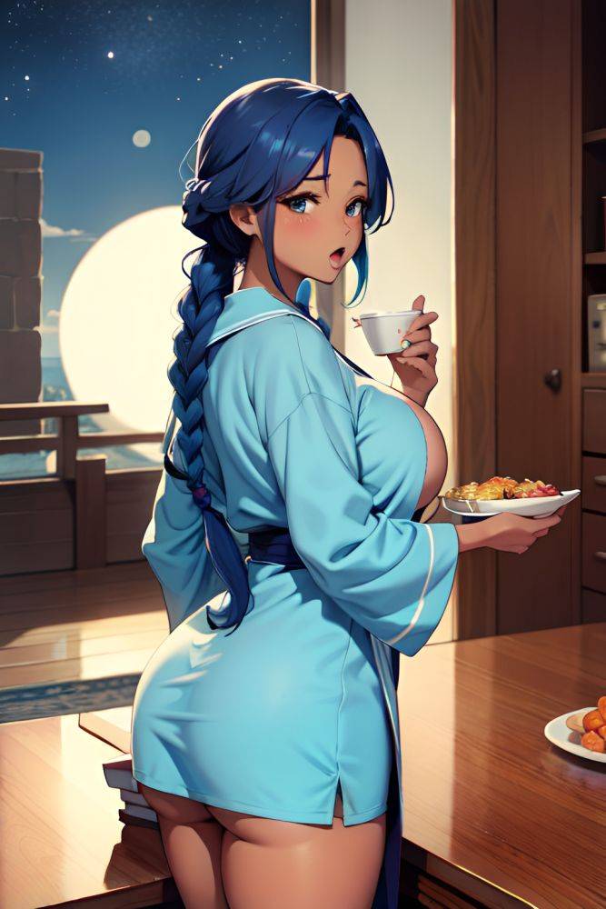 Anime Busty Huge Boobs 20s Age Shocked Face Blue Hair Braided Hair Style Dark Skin Warm Anime Moon Back View Eating Bathrobe 3685463333173222743 - AI Hentai - #main