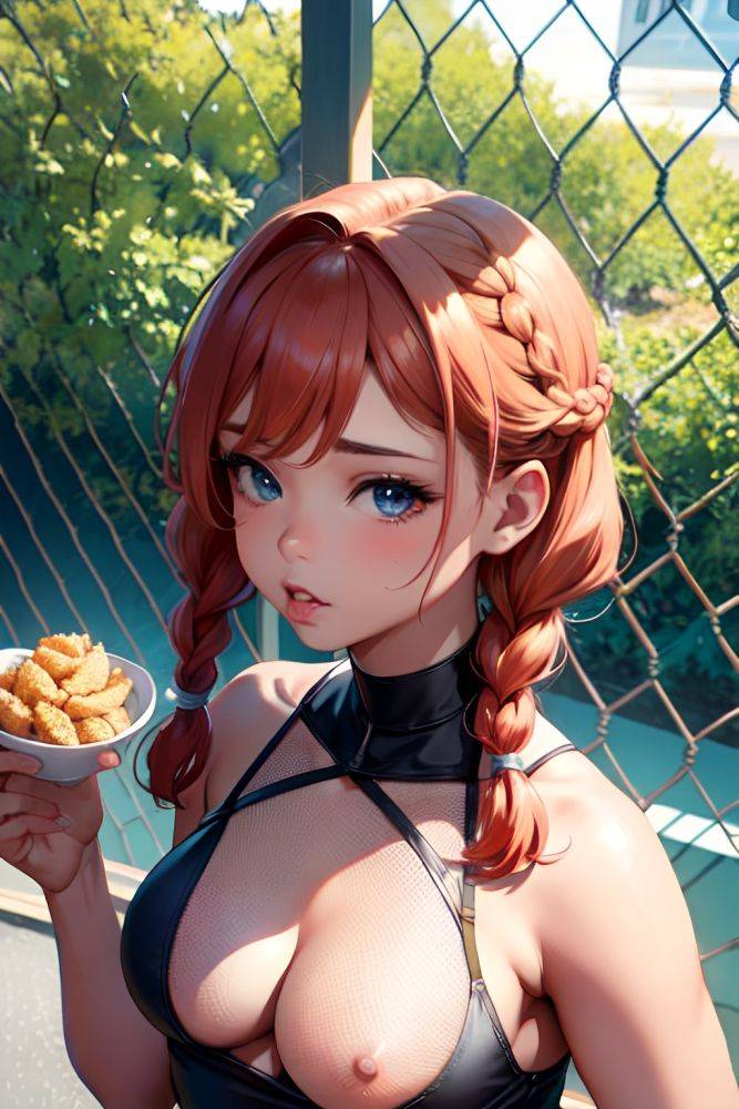Anime Busty Small Tits 50s Age Pouting Lips Face Ginger Braided Hair Style Dark Skin Crisp Anime Prison Close Up View Eating Fishnet 3685525182814731176 - AI Hentai - #main