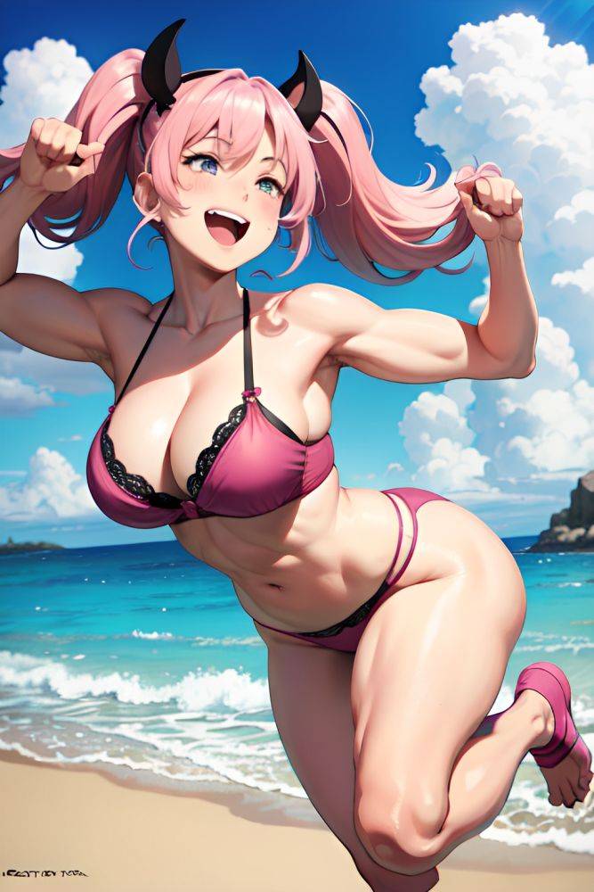 Anime Muscular Huge Boobs 40s Age Laughing Face Pink Hair Pigtails Hair Style Light Skin Dark Fantasy Beach Front View Jumping Bra 3685556106615396433 - AI Hentai - #main