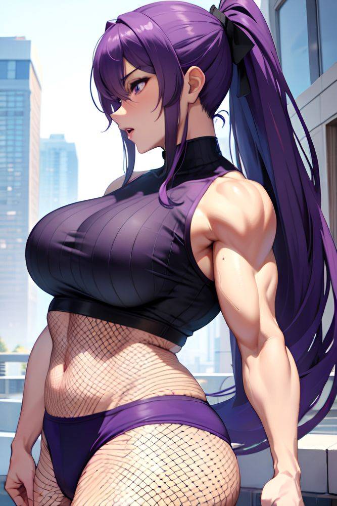 Anime Muscular Huge Boobs 30s Age Orgasm Face Purple Hair Ponytail Hair Style Light Skin Warm Anime Club Side View T Pose Fishnet 3685629550521388542 - AI Hentai - #main