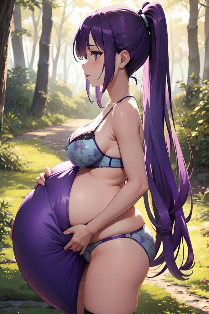 Anime Pregnant Small Tits 40s Age Sad Face Purple Hair Ponytail Hair Style Light Skin Illustration Forest Side View Eating Lingerie 3685865342041814257 - AI Hentai - #main