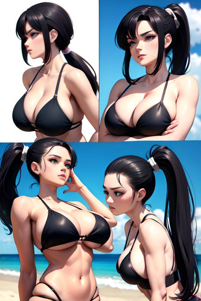 Anime Busty Huge Boobs 80s Age Serious Face Black Hair Ponytail Hair Style Light Skin 3d Beach Side View Working Out Bikini 3685873072983022040 - AI Hentai - #main