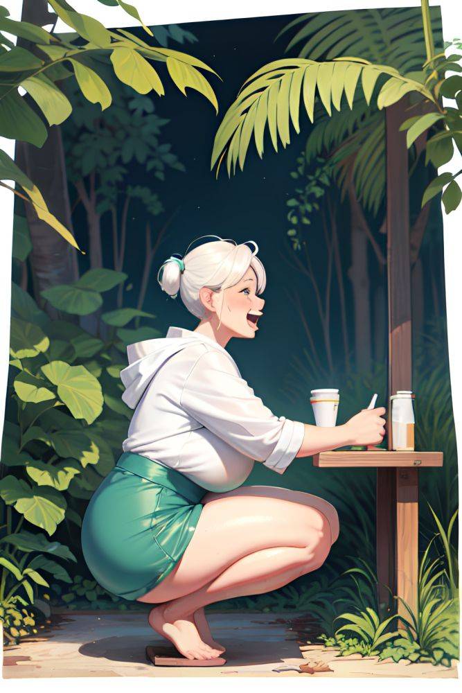 Anime Chubby Huge Boobs 50s Age Laughing Face White Hair Pixie Hair Style Dark Skin Painting Jungle Side View Squatting Bathrobe 3685876939518204408 - AI Hentai - #main