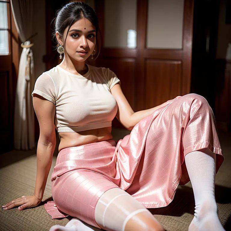 , Indian, brown skin, facial mark,woman,twenties,(RAW photo, best quality, masterpiece:1.1), (realistic, photo-realistic:1.2), ultra-detailed, ultra high res, physically-based rendering,hair bun,thigh socks,salwar,Pink long skirt,office,(adult:1.5) - #main
