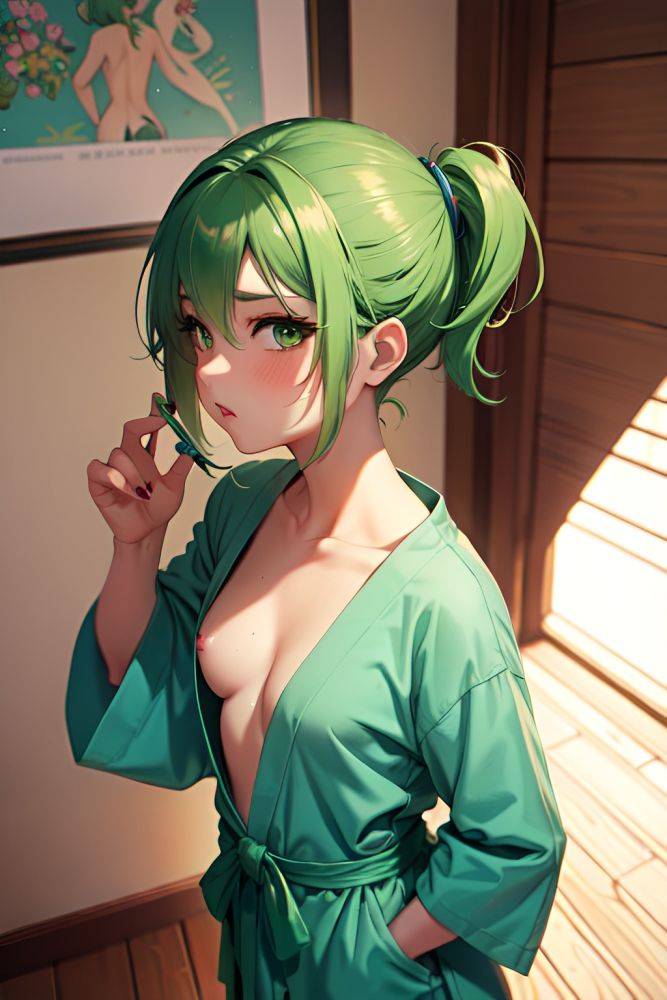 Anime Busty Small Tits 20s Age Pouting Lips Face Green Hair Pixie Hair Style Dark Skin Painting Prison Back View Gaming Bathrobe 3686105001219650389 - AI Hentai - #main