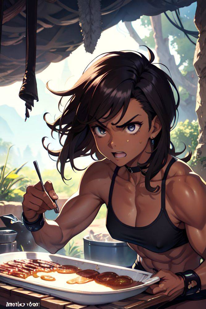 Anime Muscular Small Tits 80s Age Angry Face Brunette Messy Hair Style Dark Skin Watercolor Cave Side View Cooking Goth 3686924483125118220 - AI Hentai - #main