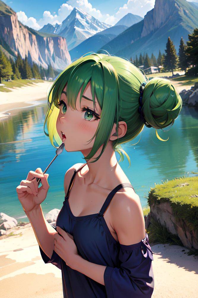 Anime Muscular Small Tits 60s Age Shocked Face Green Hair Hair Bun Hair Style Dark Skin Soft Anime Mountains Side View Eating Pajamas 3687125487282811490 - AI Hentai - #main