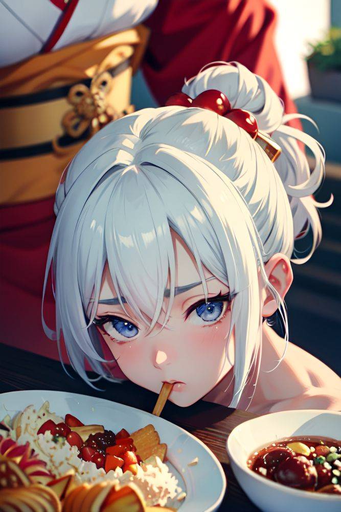 Anime Muscular Small Tits 20s Age Sad Face White Hair Hair Bun Hair Style Dark Skin Crisp Anime Oasis Close Up View Eating Kimono 3687314897490182943 - AI Hentai - #main