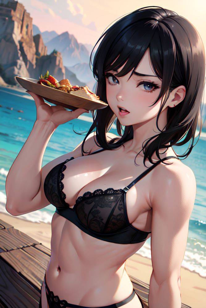 Anime Muscular Small Tits 50s Age Ahegao Face Black Hair Slicked Hair Style Light Skin Charcoal Mountains Front View Eating Lingerie 3680302932164281213 - AI Hentai - #main
