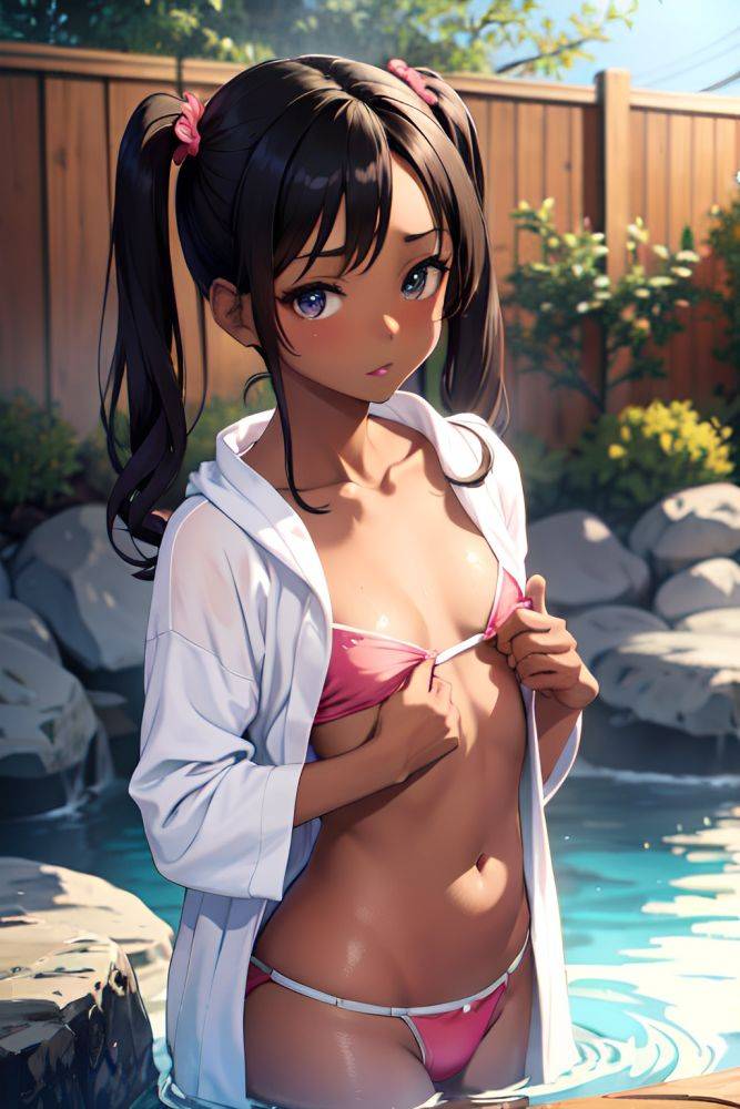 Anime Skinny Small Tits 20s Age Shocked Face Brunette Pigtails Hair Style Dark Skin Soft + Warm Onsen Front View Bathing Bathrobe 3683553793971712925 - AI Hentai - #main