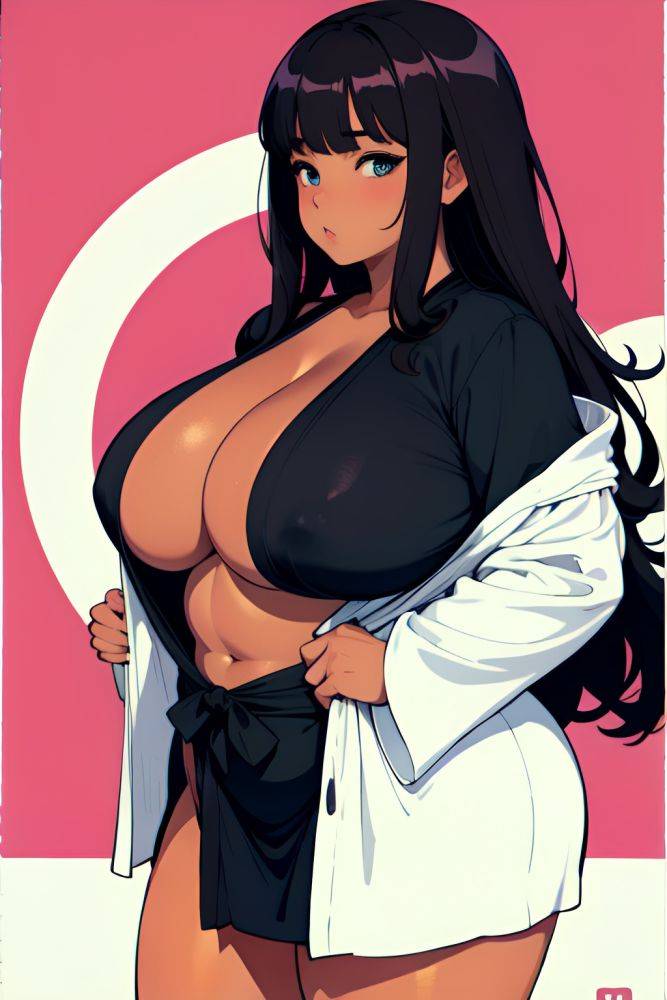 Anime Chubby Huge Boobs 80s Age Serious Face Brunette Bangs Hair Style Dark Skin Black And White Beach Front View On Back Bathrobe 3687678250050880040 - AI Hentai - #main