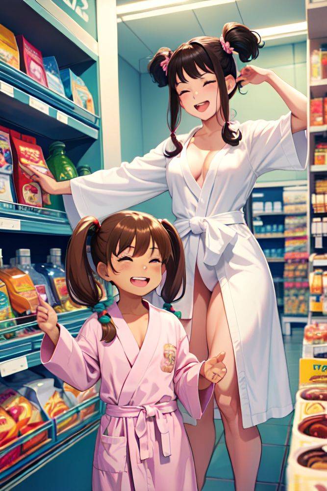 Anime Muscular Small Tits 70s Age Laughing Face Brunette Pigtails Hair Style Light Skin Illustration Grocery Front View T Pose Bathrobe 3687801945110356750 - AI Hentai - #main