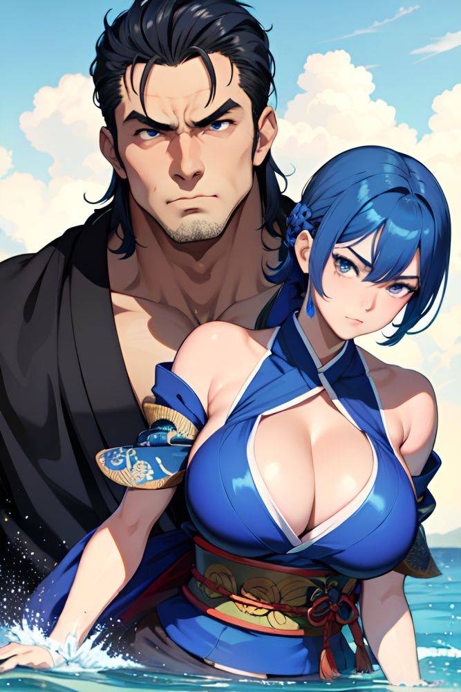 Anime Muscular Huge Boobs 60s Age Serious Face Blue Hair Slicked Hair Style Dark Skin Crisp Anime Lake Close Up View T Pose Kimono 3687832868854539447 - AI Hentai - #main