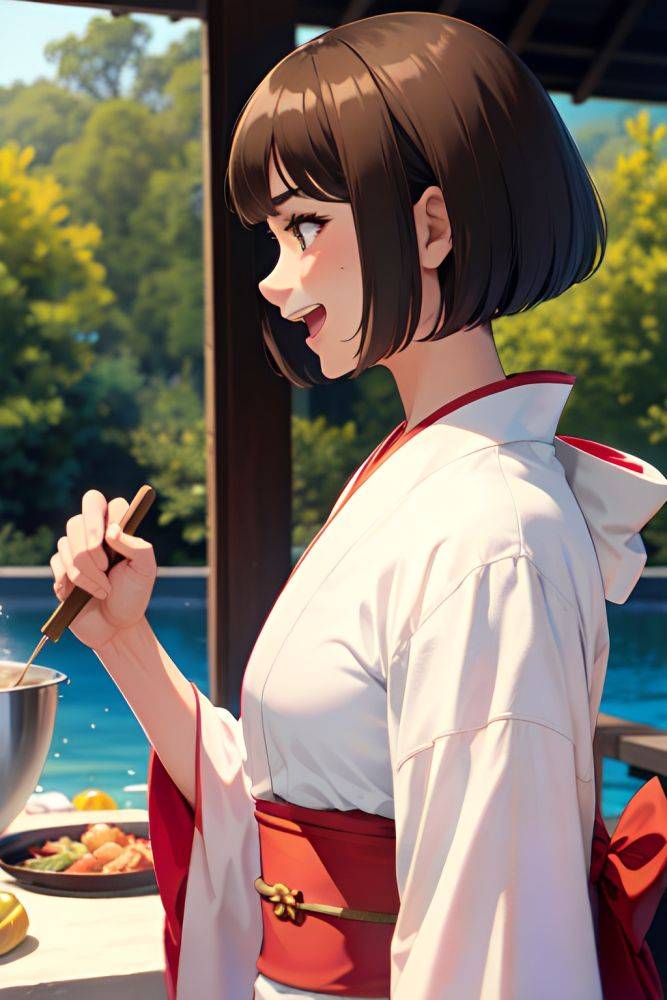 Anime Muscular Small Tits 60s Age Laughing Face Brunette Bobcut Hair Style Dark Skin Film Photo Oasis Side View Cooking Kimono 3689688296205422848 - AI Hentai - #main