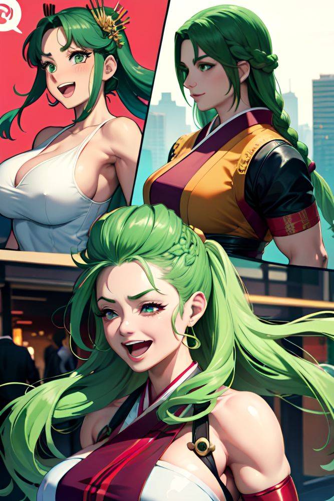 Anime Muscular Huge Boobs 60s Age Laughing Face Green Hair Braided Hair Style Light Skin Cyberpunk Wedding Side View Jumping Geisha 3690001399324727010 - AI Hentai - #main