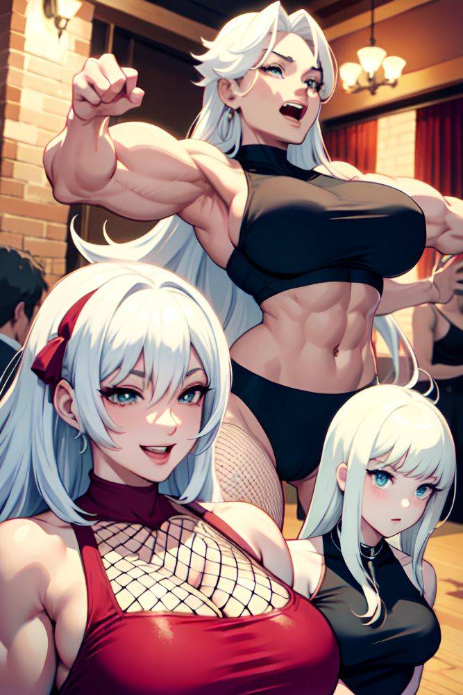 Anime Muscular Huge Boobs 50s Age Laughing Face White Hair Straight Hair Style Light Skin Illustration Party Front View Jumping Fishnet 3690271982267391479 - AI Hentai - #main