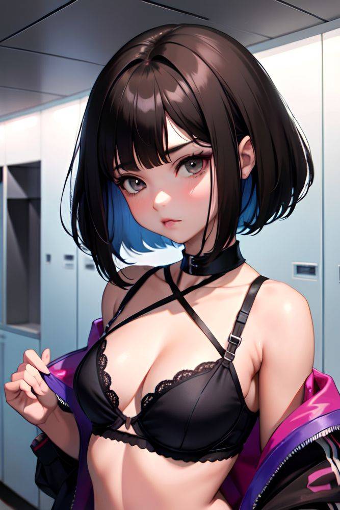 Anime Busty Small Tits 80s Age Pouting Lips Face Brunette Bobcut Hair Style Dark Skin Cyberpunk Locker Room Close Up View T Pose Bra 3690329964326449198 - AI Hentai - #main