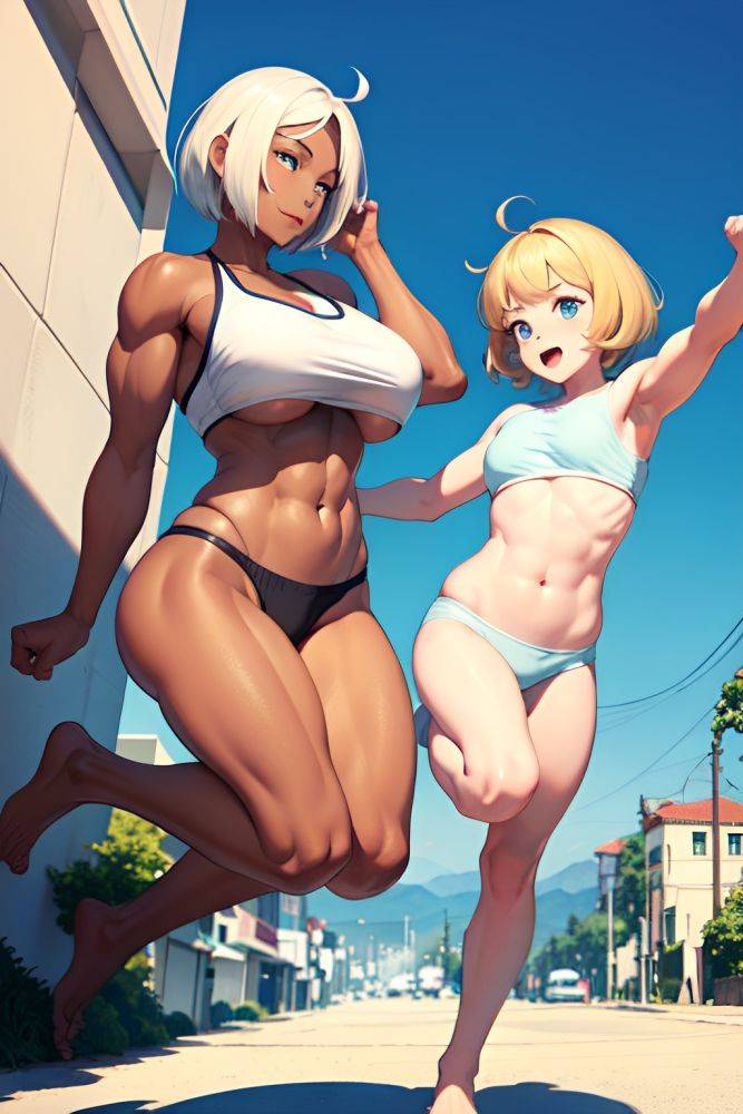 Anime Muscular Huge Boobs 20s Age Happy Face Blonde Bobcut Hair Style Dark Skin Painting Street Back View Jumping Pajamas 3690337695439343455 - AI Hentai - #main