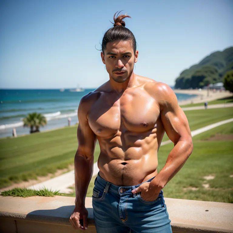 , latino,manly man,twenties,(RAW photo, best quality, masterpiece:1.1), (realistic, photo-realistic:1.2), ultra-detailed, ultra high res, physically-based rendering,pony tail,blonde hair,perfect body,(tan:1.2),(wet:1.1),(adult:1.5) - #main