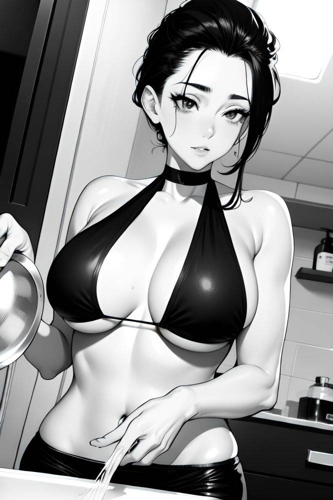 Anime Skinny Huge Boobs 60s Age Seductive Face Ginger Slicked Hair Style Light Skin Black And White Bathroom Close Up View Cooking Bikini 3690550296151061020 - AI Hentai - #main