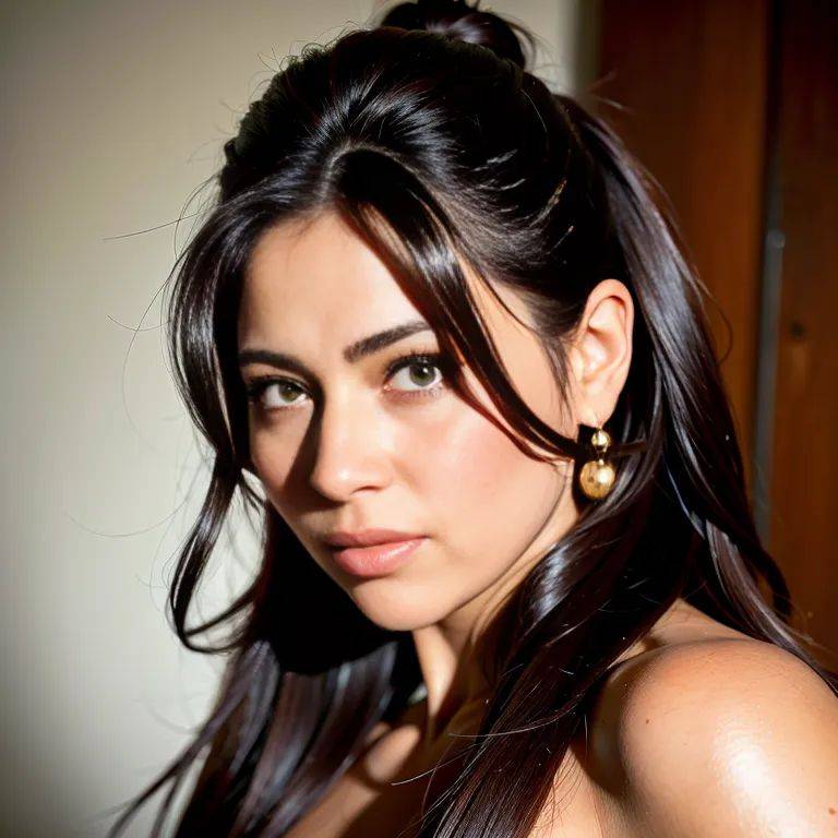 , Arabs,woman,twenties,(RAW photo, best quality, masterpiece:1.1), (realistic, photo-realistic:1.2), ultra-detailed, ultra high res, physically-based rendering,long hair,hair bun,black hair,brown eyes,beautiful,happy,Looking at another,(adult:1.5) - #main