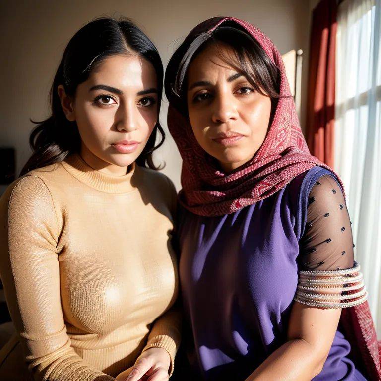 , Arabs,(2women:2),thirties,(RAW photo, best quality, masterpiece:1.1), (realistic, photo-realistic:1.2), ultra-detailed, ultra high res, physically-based rendering,large forehead,(adult:1.5) - #main