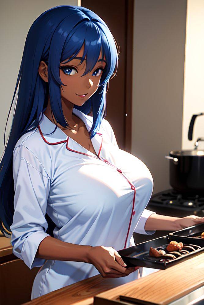 Anime Skinny Huge Boobs 30s Age Happy Face Blue Hair Straight Hair Style Dark Skin Soft Anime Street Close Up View Cooking Pajamas 3690925244189033027 - AI Hentai - #main