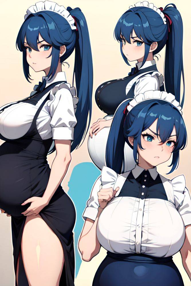 Anime Pregnant Huge Boobs 30s Age Angry Face Blue Hair Ponytail Hair Style Dark Skin Crisp Anime Stage Back View Eating Maid 3690994825426337266 - AI Hentai - #main