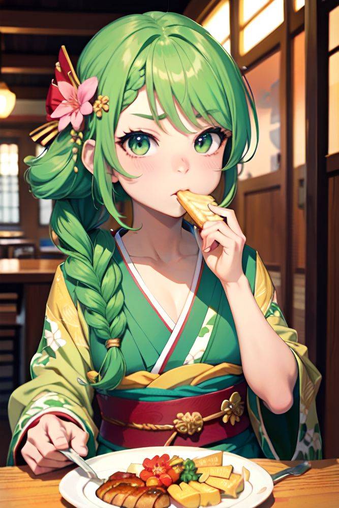 Anime Muscular Small Tits 18 Age Pouting Lips Face Green Hair Braided Hair Style Light Skin Crisp Anime Bar Close Up View Eating Kimono 3687933371047365261 - AI Hentai - #main