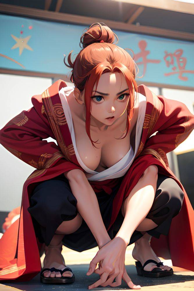 Anime Skinny Small Tits 30s Age Serious Face Ginger Hair Bun Hair Style Dark Skin Film Photo Stage Close Up View Squatting Kimono 3687944967502128687 - AI Hentai - #main