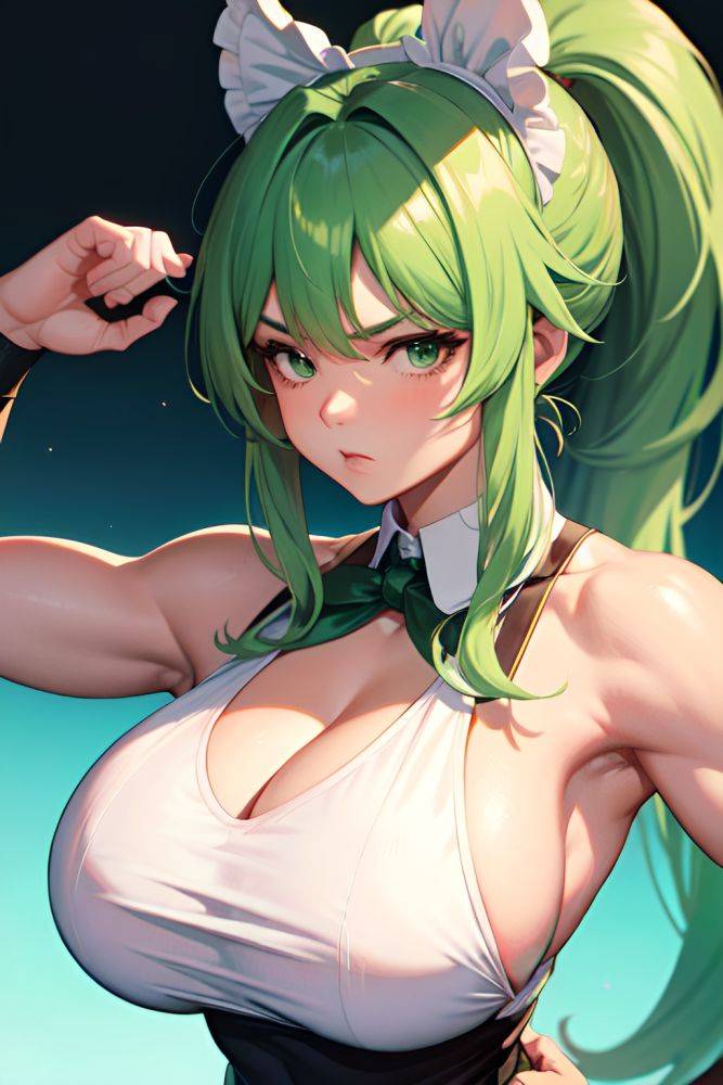 Anime Muscular Huge Boobs 70s Age Serious Face Green Hair Ponytail Hair Style Light Skin Charcoal Hospital Side View T Pose Maid 3691416161721707848 - AI Hentai - #main