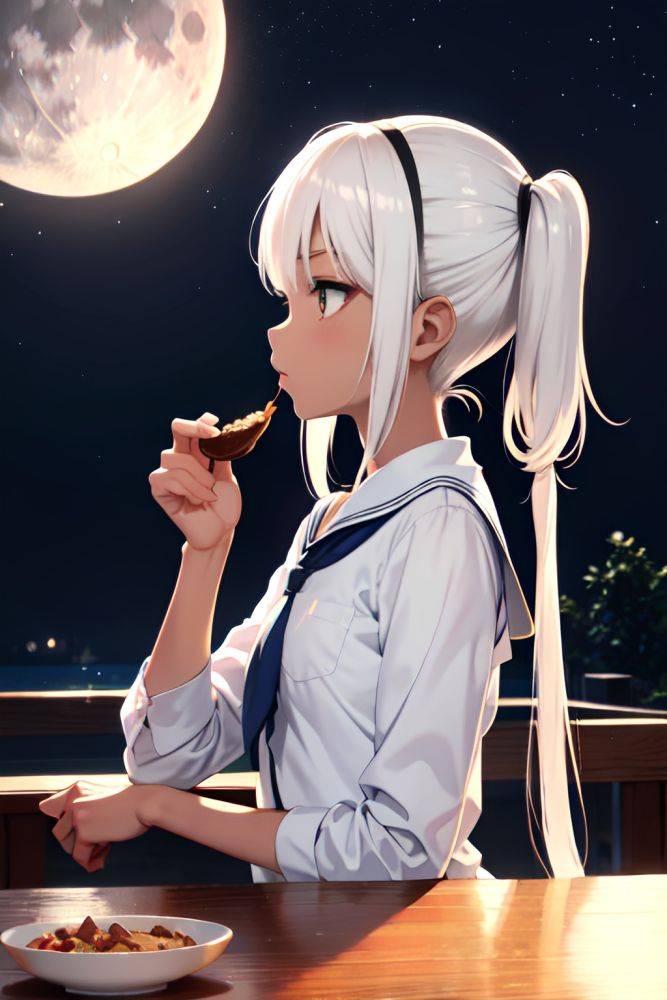 Anime Skinny Small Tits 40s Age Serious Face White Hair Pigtails Hair Style Dark Skin Warm Anime Moon Side View Eating Schoolgirl 3691547587722065268 - AI Hentai - #main