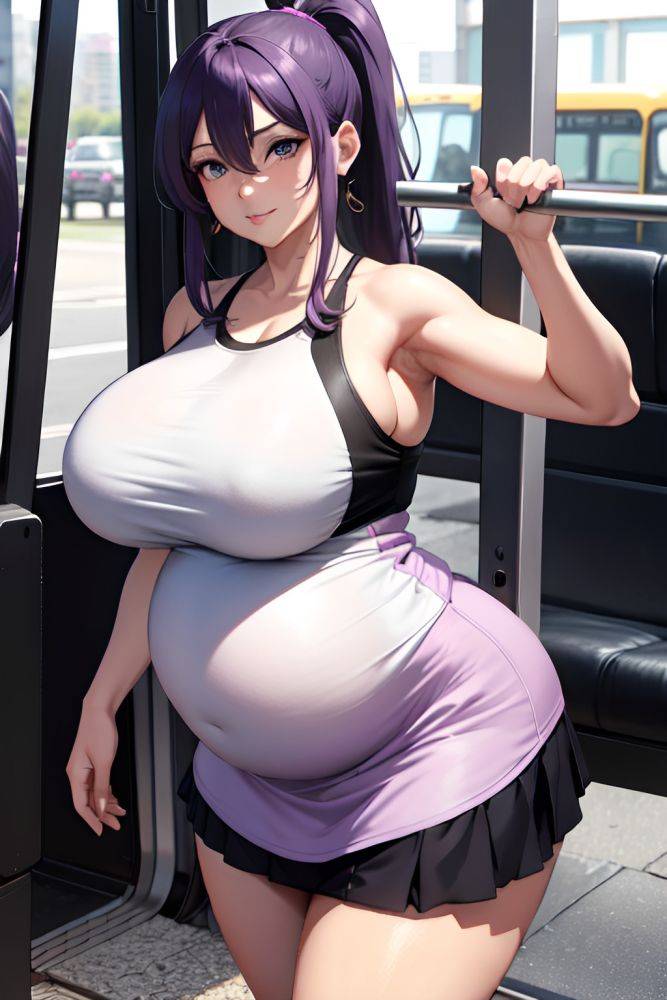 Anime Pregnant Huge Boobs 70s Age Seductive Face Purple Hair Ponytail Hair Style Light Skin Black And White Bus Front View Working Out Mini Skirt 3691640356250123046 - AI Hentai - #main