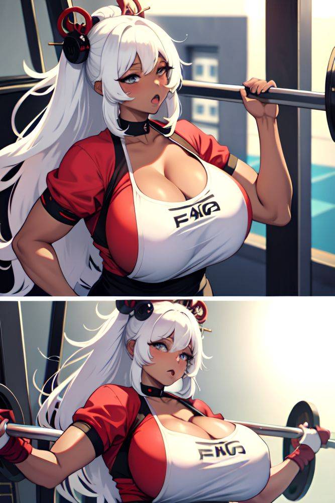 Anime Chubby Huge Boobs 80s Age Ahegao Face White Hair Messy Hair Style Dark Skin Vintage Gym Front View Working Out Geisha 3691671282609392313 - AI Hentai - #main