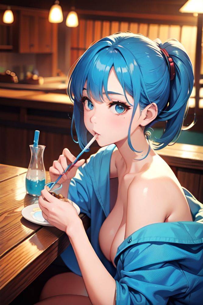 Anime Busty Small Tits 50s Age Seductive Face Blue Hair Bangs Hair Style Light Skin Cyberpunk Onsen Side View Eating Nude 3691682879021194837 - AI Hentai - #main