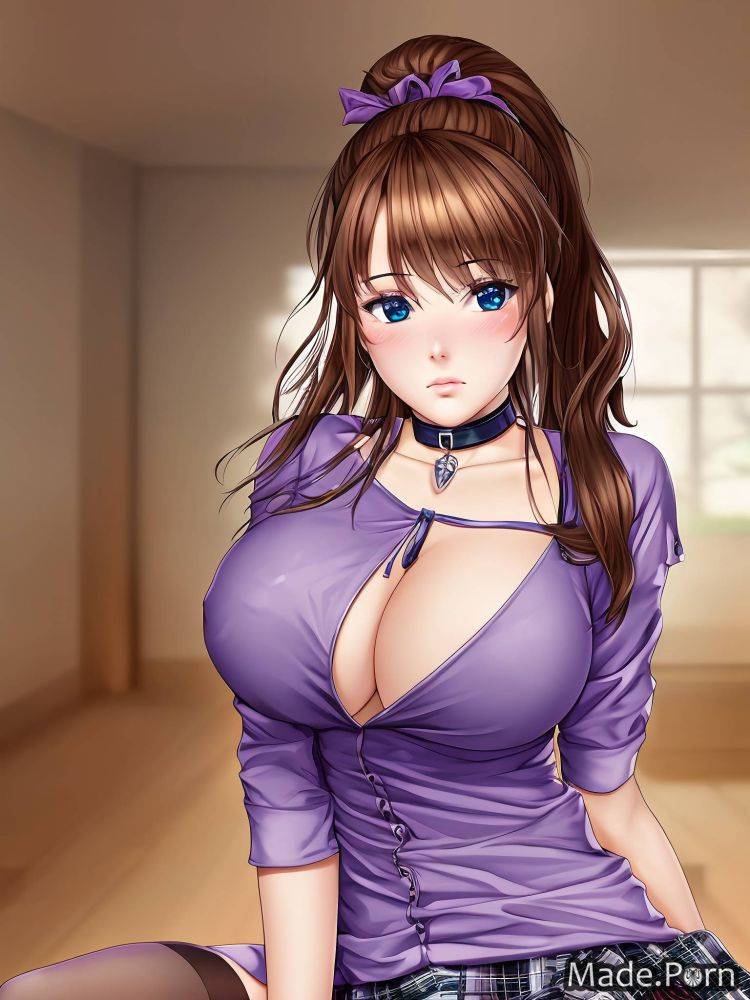Brunette natural tits sad 18 indoors high ponytail choker AI porn - #main