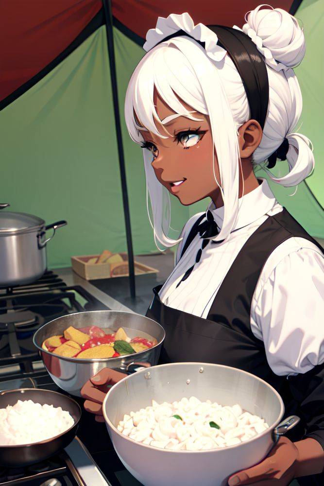 Anime Busty Small Tits 80s Age Happy Face White Hair Hair Bun Hair Style Dark Skin Black And White Tent Side View Cooking Maid 3692166062845861055 - AI Hentai - #main