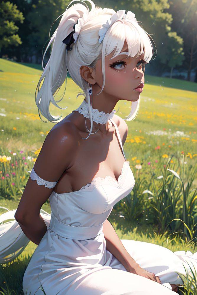 Anime Skinny Small Tits 80s Age Pouting Lips Face White Hair Bangs Hair Style Dark Skin Soft + Warm Meadow Side View Spreading Legs Maid 3692169925705183158 - AI Hentai - #main