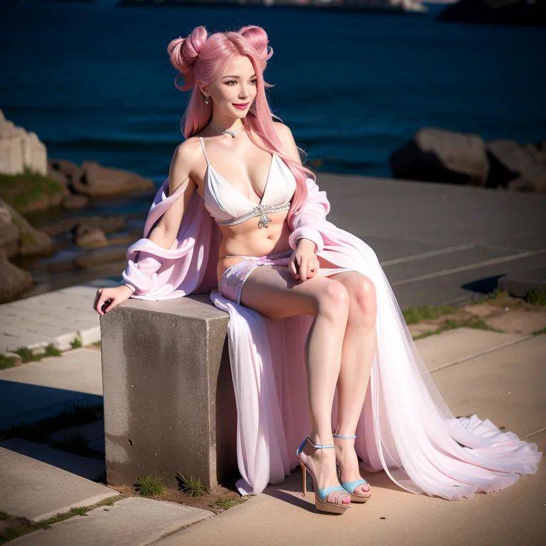 ,woman,twenties,(RAW photo, best quality, masterpiece:1.1), (realistic, photo-realistic:1.2), ultra-detailed, ultra high res, physically-based rendering,bun head,pink hair,blue eyes,beautiful,(smile),huge - #main