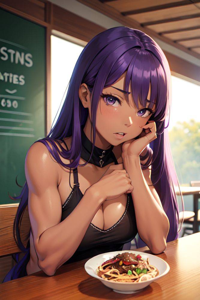 Anime Muscular Small Tits 70s Age Shocked Face Purple Hair Straight Hair Style Dark Skin Soft Anime Cafe Close Up View Eating Teacher 3692425049375868700 - AI Hentai - #main