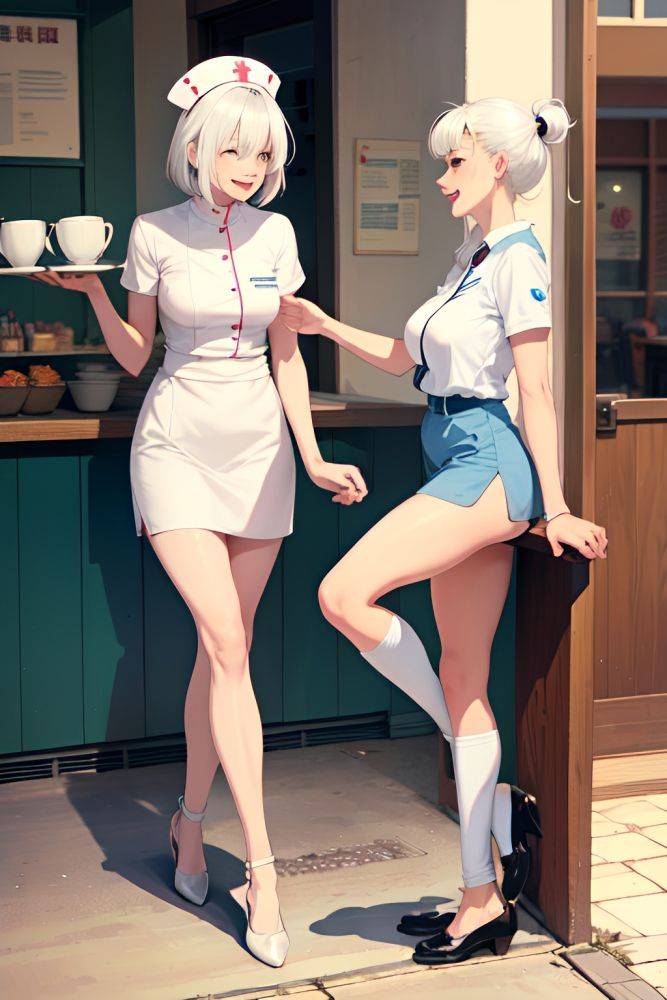 Anime Skinny Small Tits 80s Age Laughing Face White Hair Bangs Hair Style Light Skin Crisp Anime Cafe Side View Massage Nurse 3692432780471978895 - AI Hentai - #main