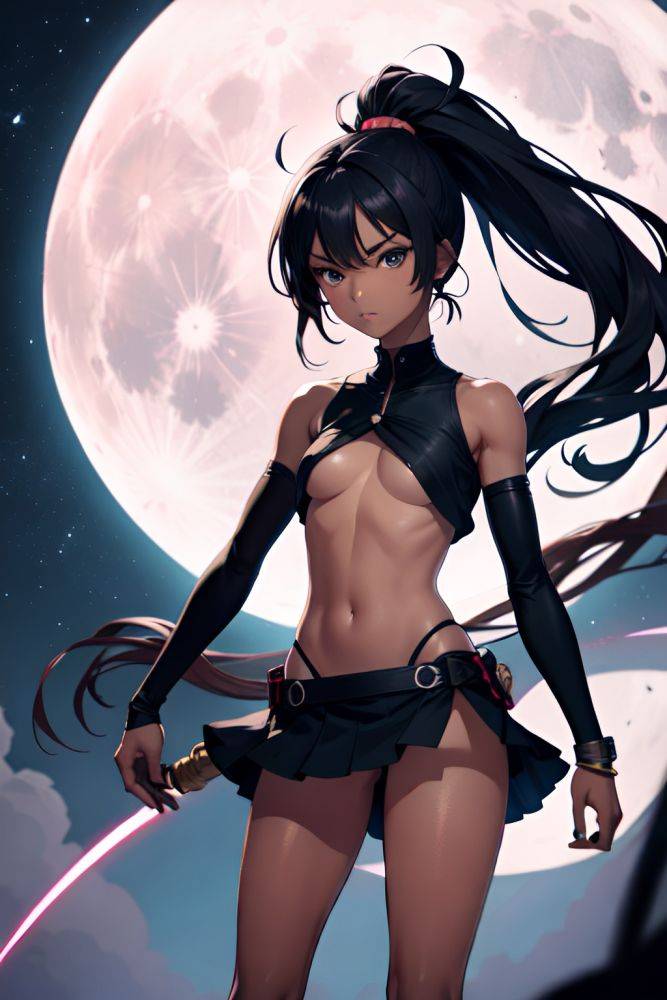 Anime Skinny Small Tits 20s Age Serious Face Black Hair Ponytail Hair Style Dark Skin Illustration Moon Front View On Back Mini Skirt 3692440511413184963 - AI Hentai - #main