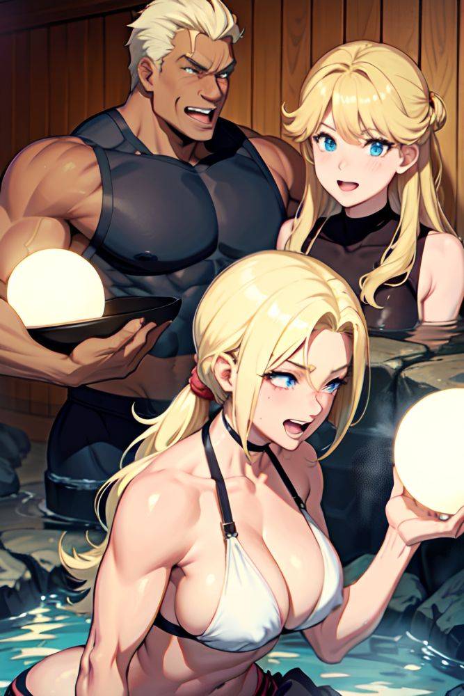 Anime Muscular Huge Boobs 80s Age Laughing Face Blonde Slicked Hair Style Dark Skin Soft Anime Onsen Side View Cooking Teacher 3692544878964340817 - AI Hentai - #main