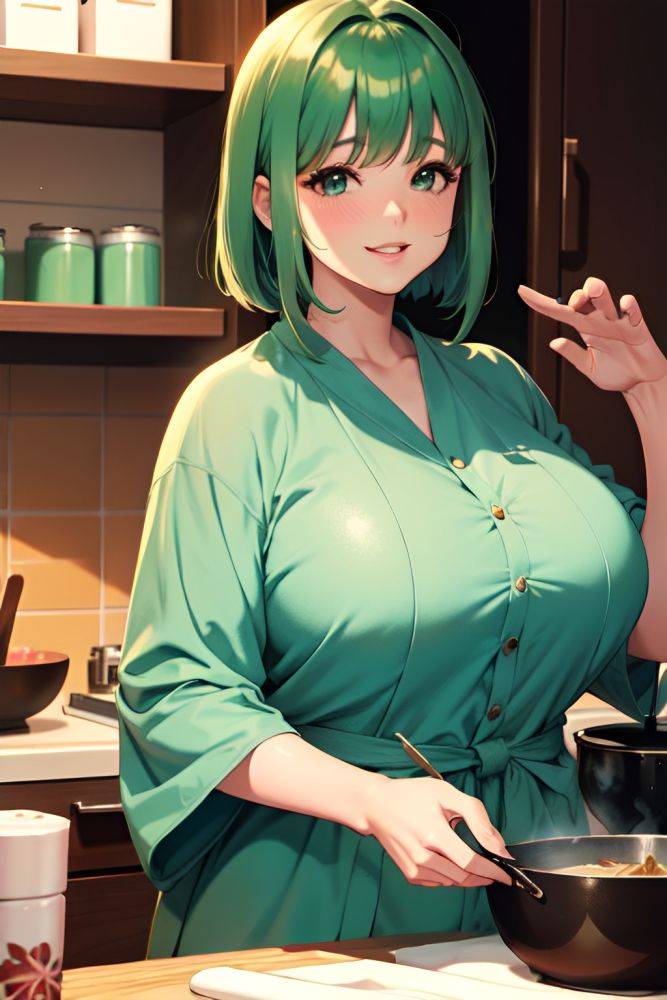 Anime Chubby Huge Boobs 60s Age Happy Face Green Hair Bangs Hair Style Dark Skin Film Photo Desert Close Up View Cooking Bathrobe 3692595129618297096 - AI Hentai - #main